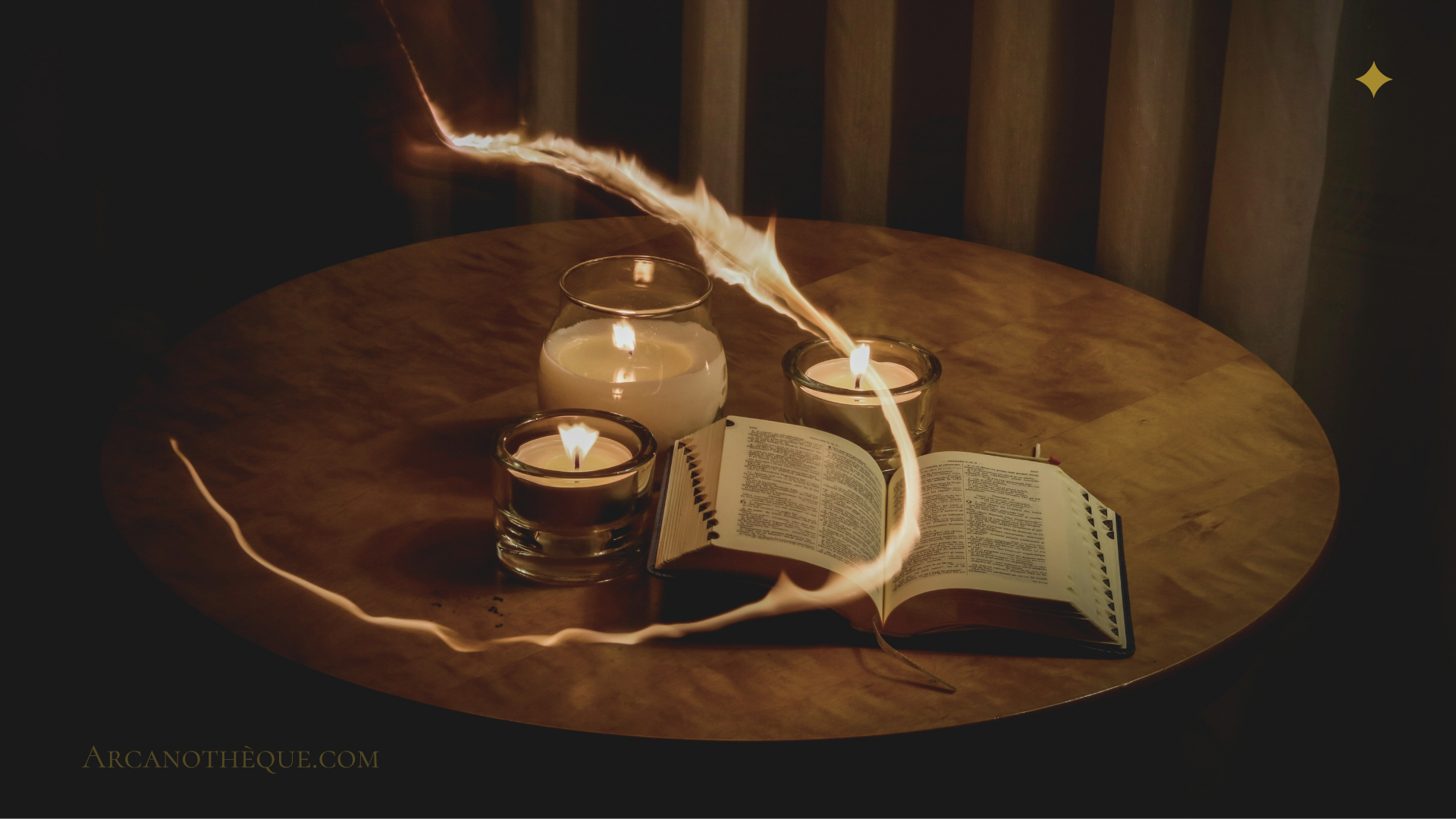 photo d'un livre et de trois bougies sur une table ronde