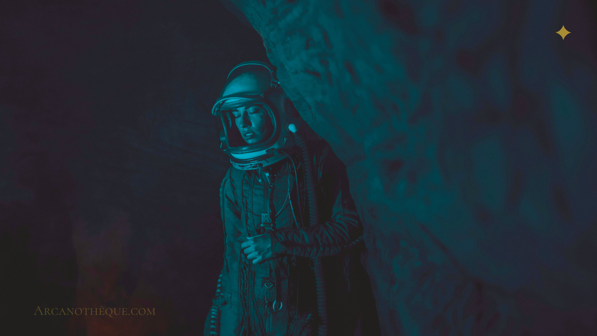 photo bleutée d'une femme en combinaison spatiale